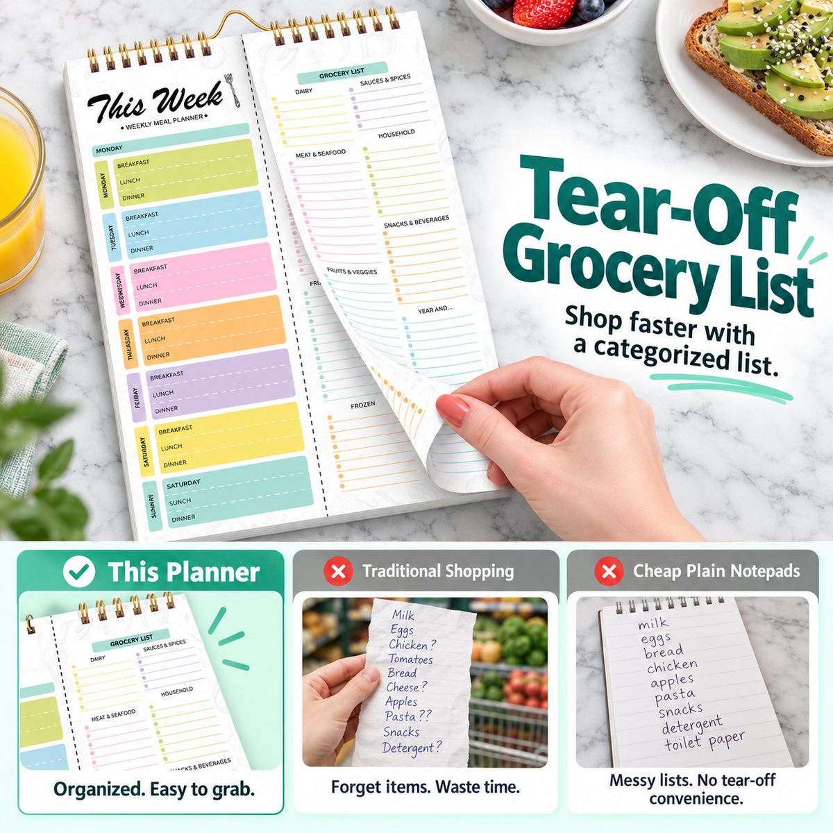 Weekly Meal Planner & Tear-Off Shopping List Notepad 🗓️
