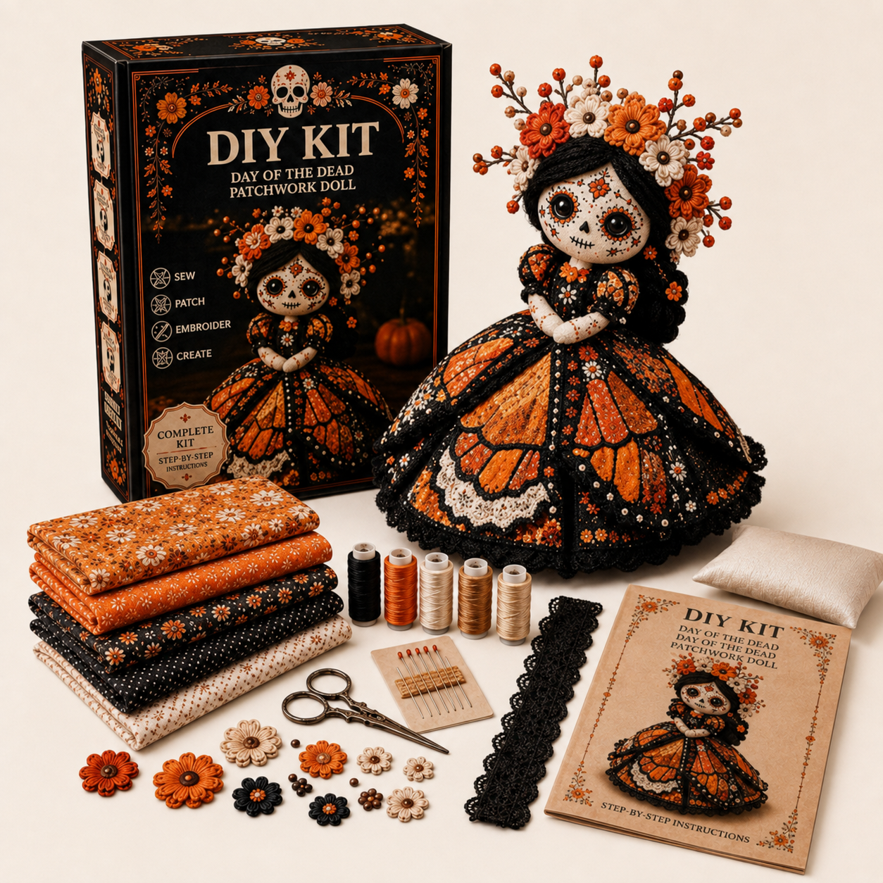 ✂️ DIY Marigold Spirit Patchwork Doll – Complete Crafting Kit for Halloween🎃