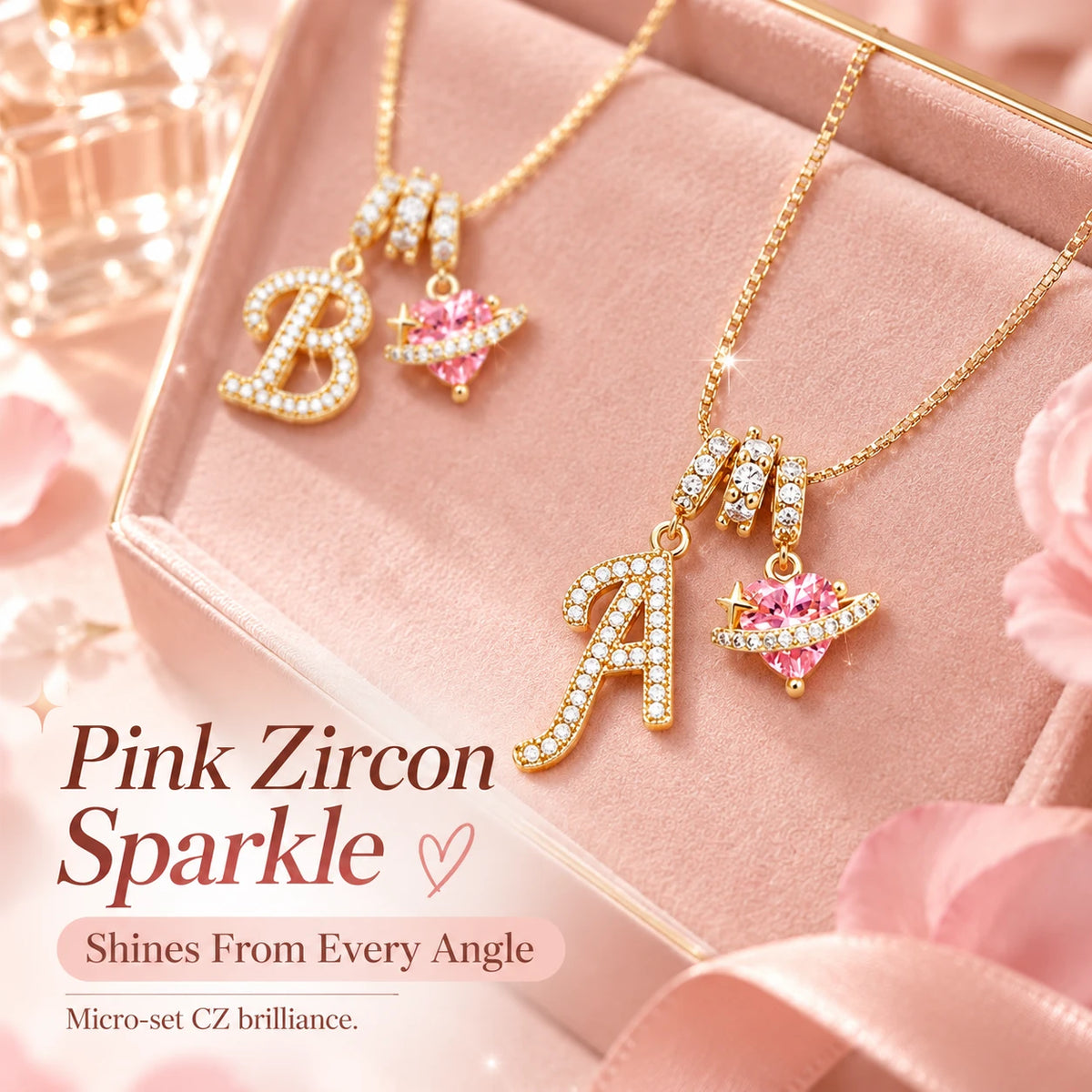 3-in-1 Custom Alphabet & Pink Zircon Pendant Necklace💫
