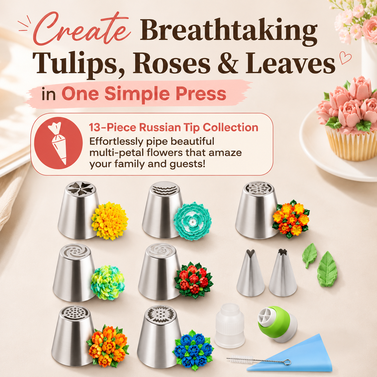 🎂 13-Piece Professional Cake & Cupcake Piping Nozzles Kit