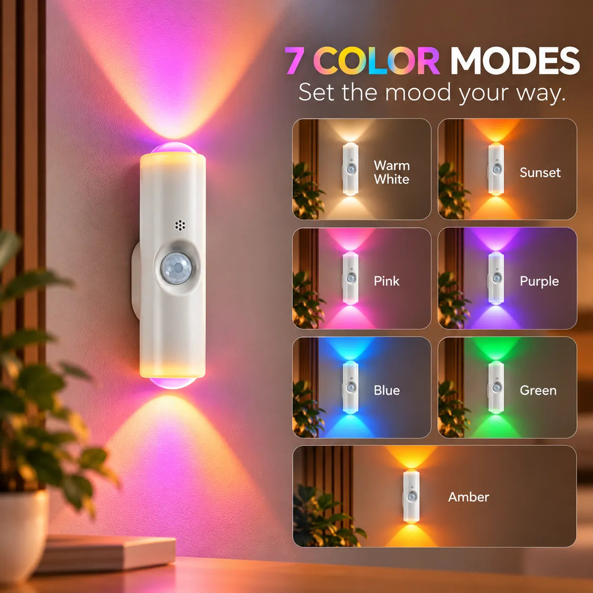 ✨ 7-Color RGB Motion Sensor Wall Lights – Magnetic, No-Drill Ambient Lighting