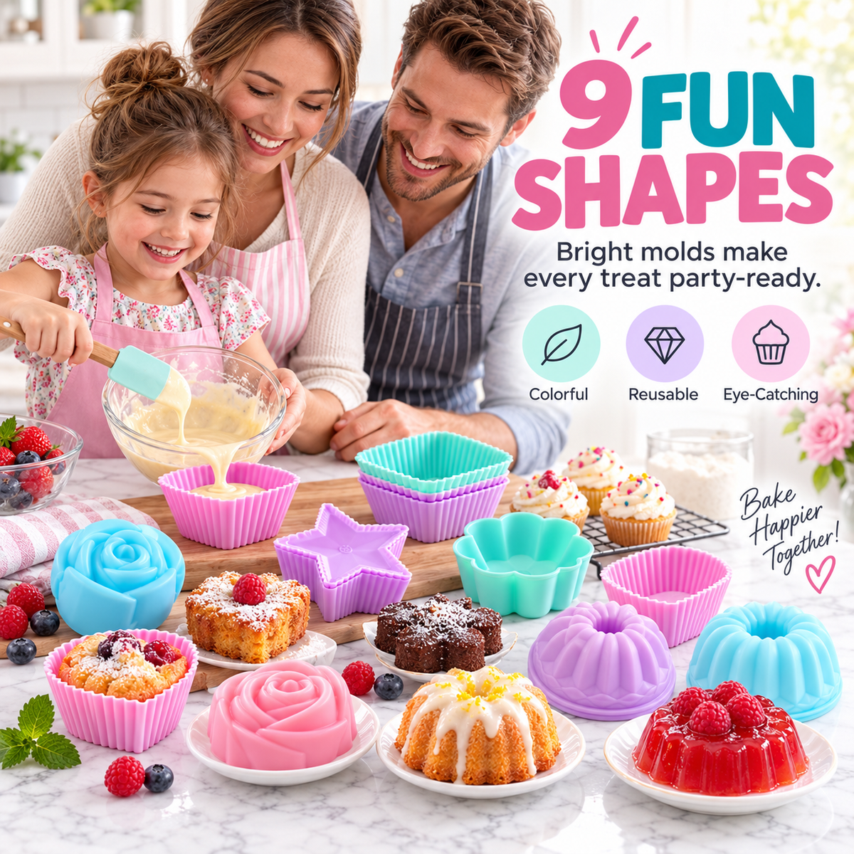 Multi-Shape Non-Stick Silicone Baking Cups & Muffin Molds Set (Reusables) 🧁