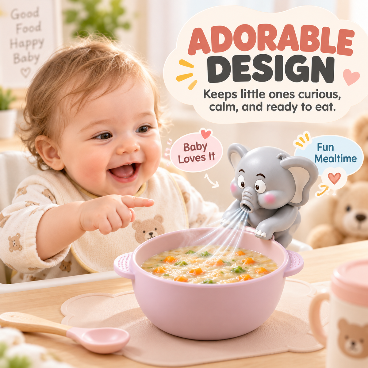 Cute Cartoon Baby Food Cooling Fan & Bowl-Edge Air Blower 🐘🍲