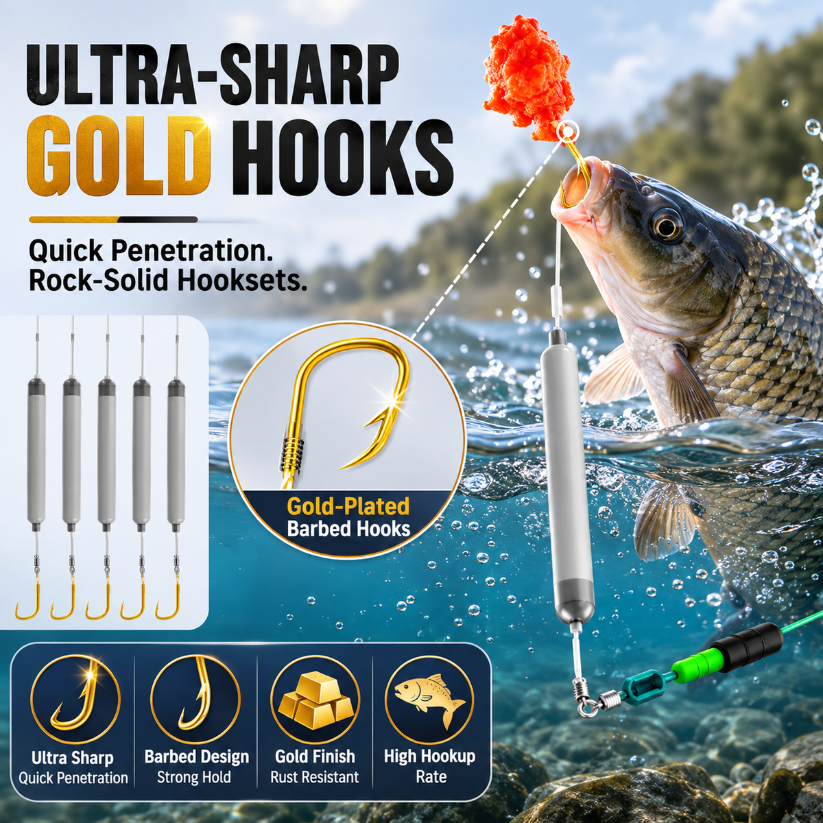 🎣 Anti-Snag Floating Fishing Rig with Gold Sleeved Hooks (Pack of 5)