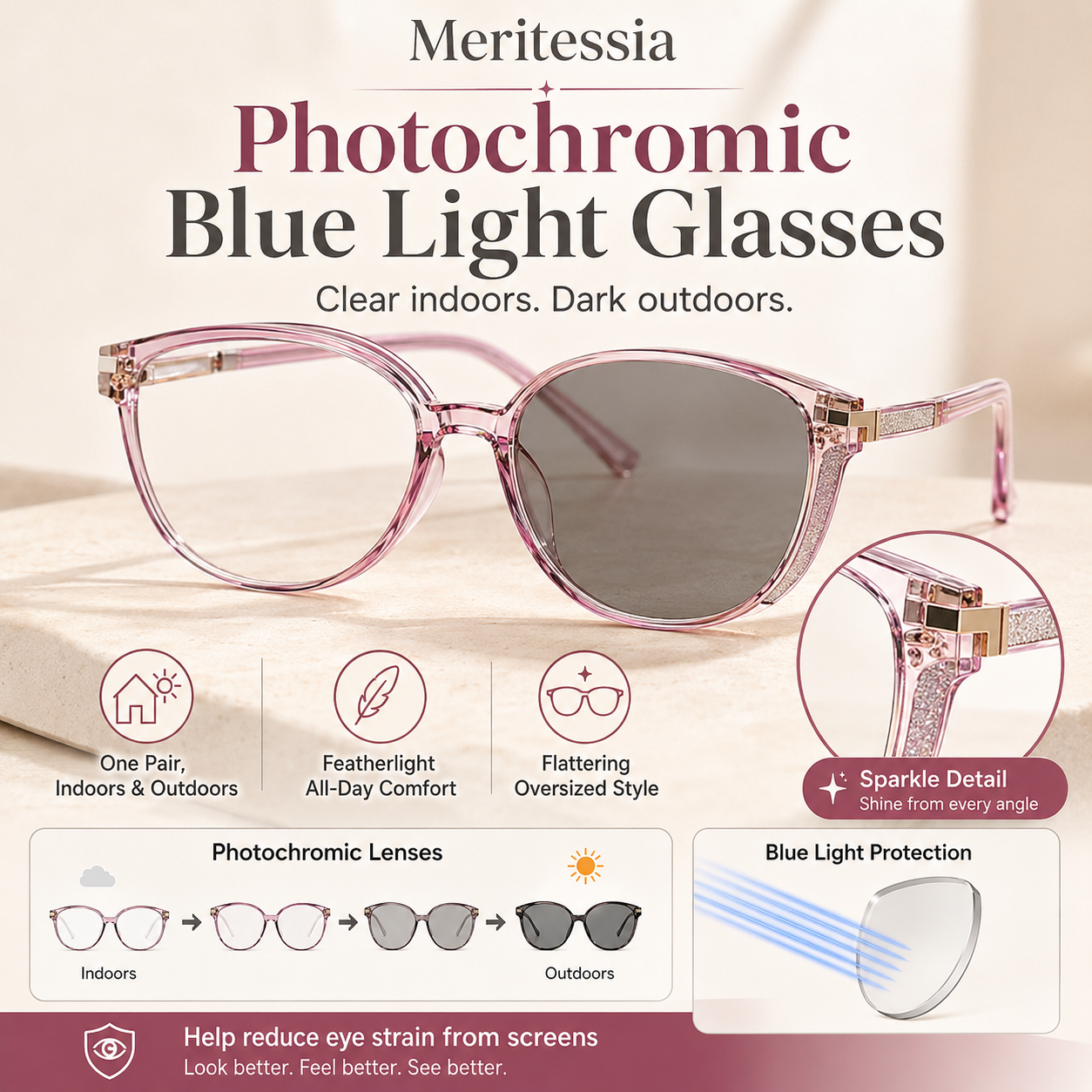 🕶️ Oversized Fashion Prescription Glasses – Trendy Photochromic Lenses with Blue Light Blocking ✨