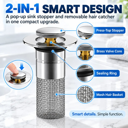 🚰 2-in-1 Pop-Up Sink Drain Stopper with Hair Catcher | Easy-Clean Bathroom Drain Filter