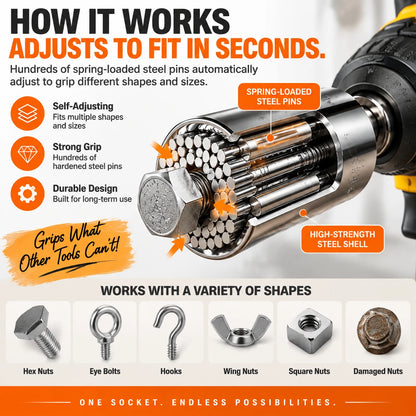 The Ultimate Universal Socket Tool – Instantly Grips Any Shape (7-19mm) with Power Drill Adapter