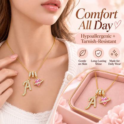3-in-1 Custom Alphabet & Pink Zircon Pendant Necklace💫