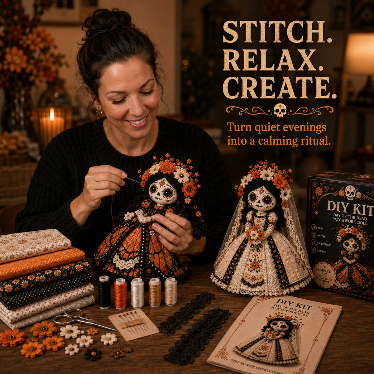 ✂️ DIY Marigold Spirit Patchwork Doll – Complete Crafting Kit for Halloween🎃