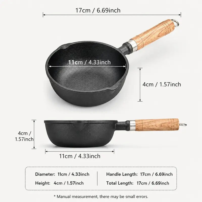 🍳 4.3' Pre-Seasoned Cast Iron Mini Sauce Pan with Wooden Handle & Dual Pour Spouts