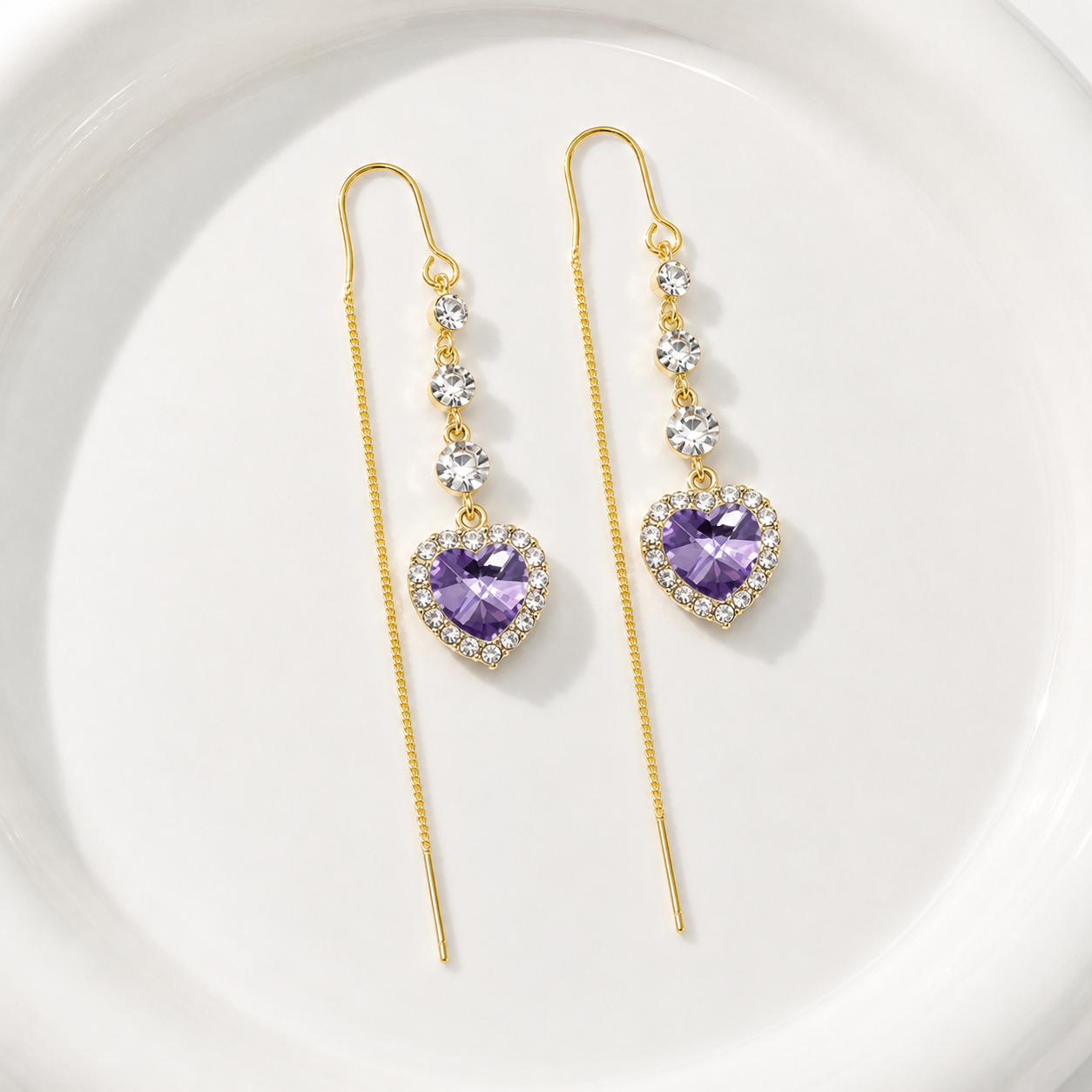 ✨ Shimmering Crystal Heart Threader Earrings