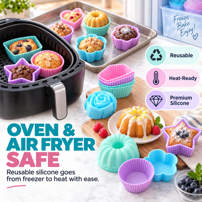 Multi-Shape Non-Stick Silicone Baking Cups & Muffin Molds Set (Reusables) 🧁