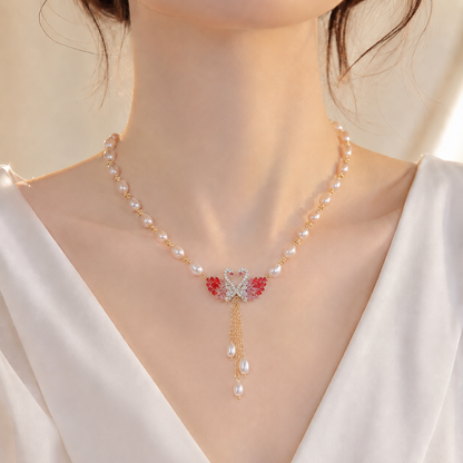 💜 Elegant Double Swan Crystal & Pearl Long Necklace 🦢