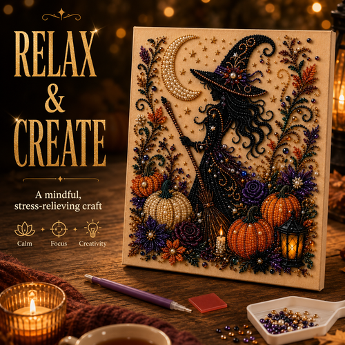 🔮 Stress-Relief Witch & Pumpkin Diamond Painting | Magical 5D DIY Craft Kit 🖌️