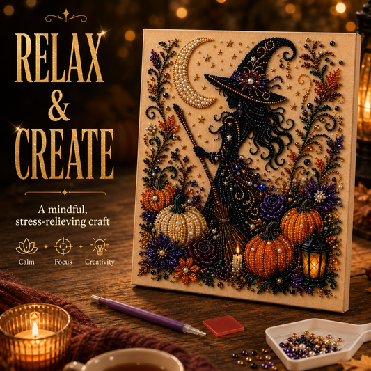 🔮 Stress-Relief Witch & Pumpkin Diamond Painting | Magical 5D DIY Craft Kit 🖌️