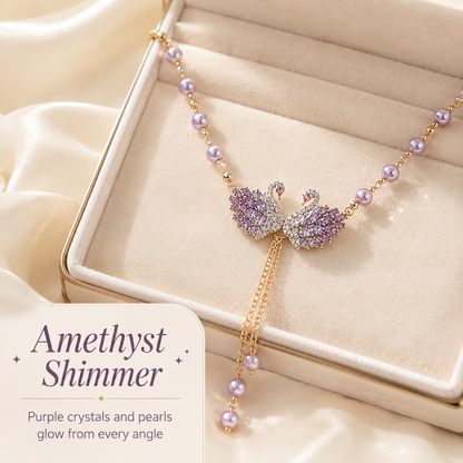 💜 Elegant Double Swan Crystal & Pearl Long Necklace 🦢