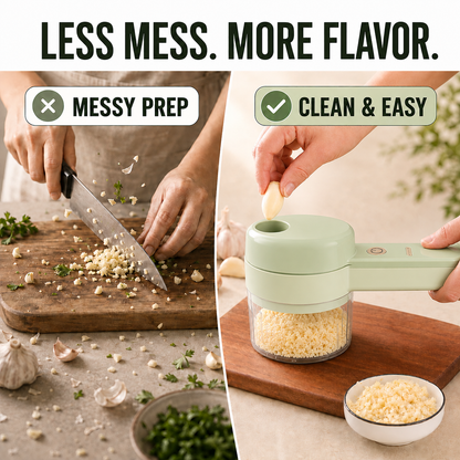 🧄 4-in-1 Handheld Electric Vegetable Cutter – Portable Wireless Food Chopper, Slicer & Garlic Masher 🥗🔪