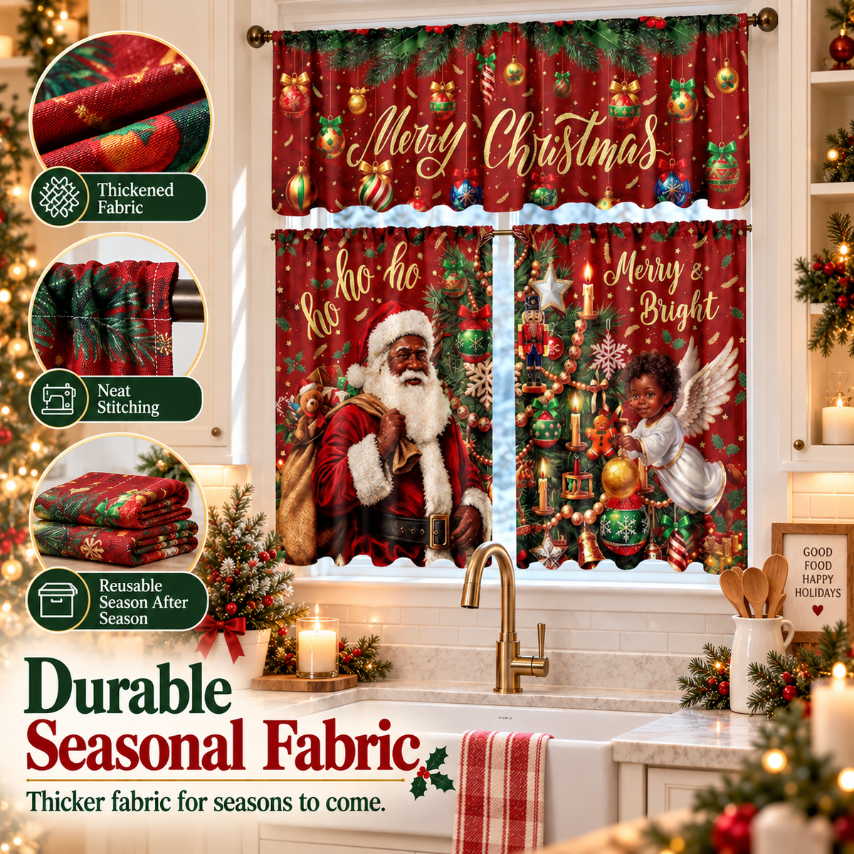 🎄 Christmas Buffalo Plaid Kitchen Curtain & Valance 3-Piece Set