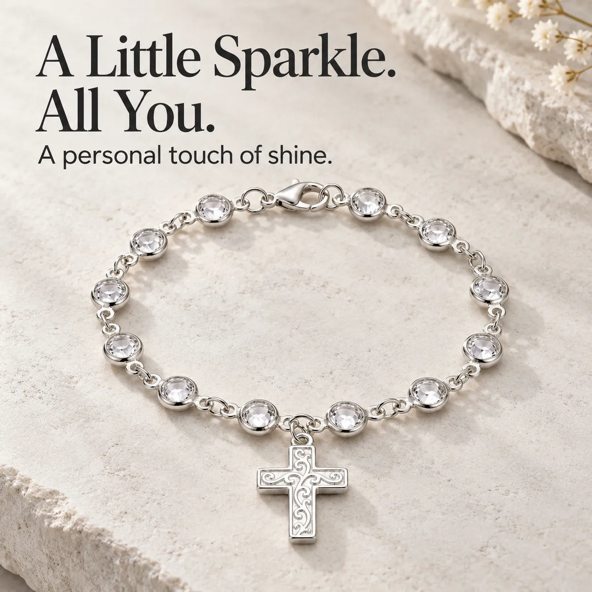 ✨ Sparkling Charm Chain with Faceted Stones – Silver-Tone Bow, Star & Cross Styles 🎁