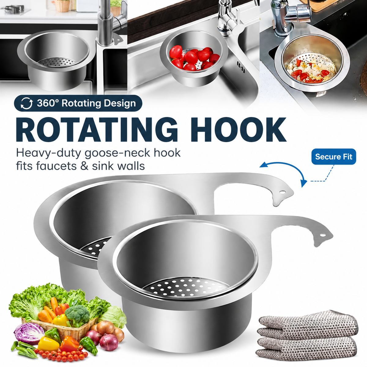 🚰 360° Rotating Stainless Steel Sink Strainer Basket