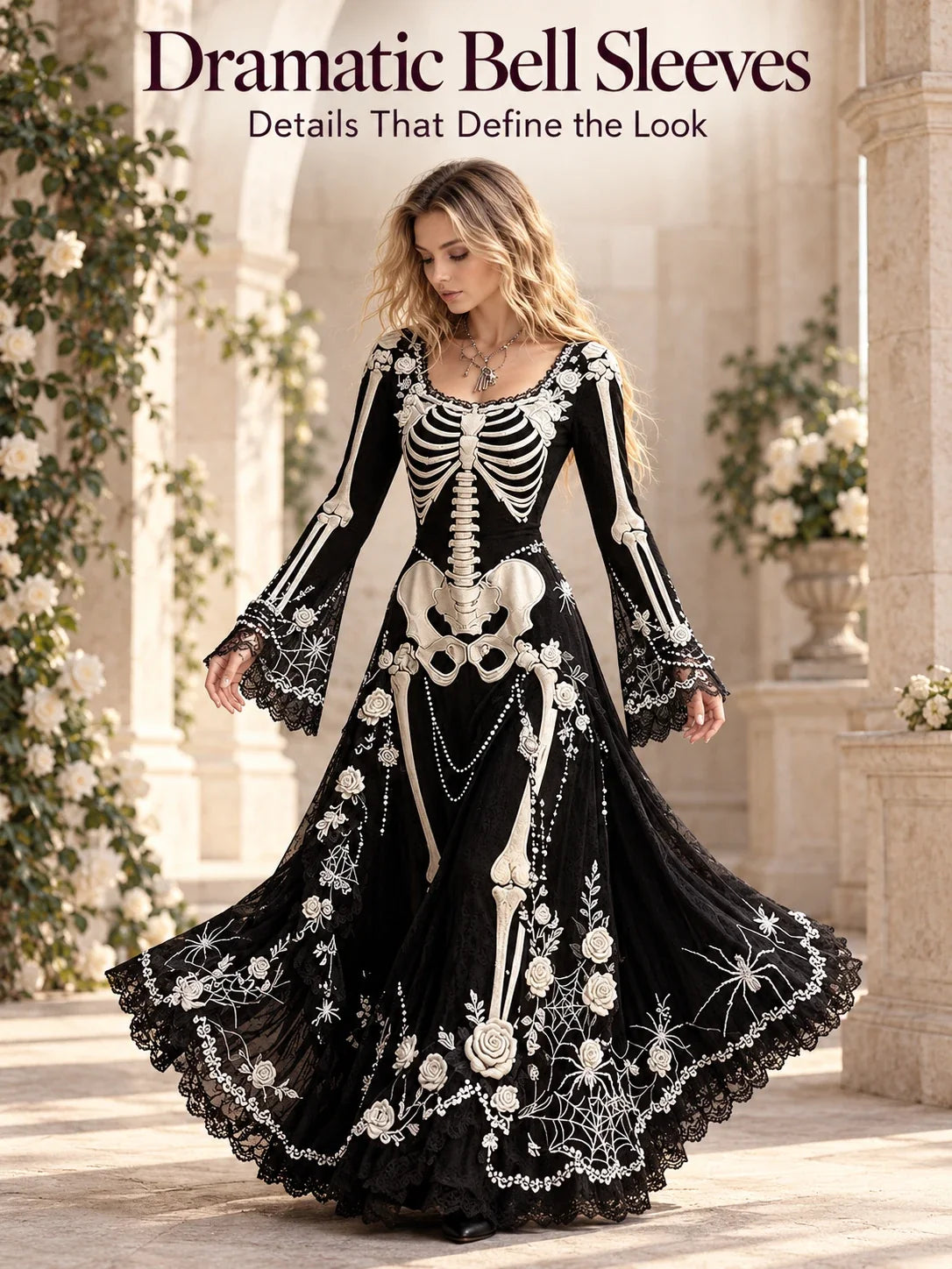 Gothic Skeleton Maxi Dress for Halloween | Bell Sleeve 🕸️