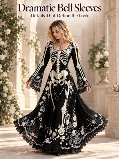 Gothic Skeleton Maxi Dress for Halloween | Bell Sleeve 🕸️