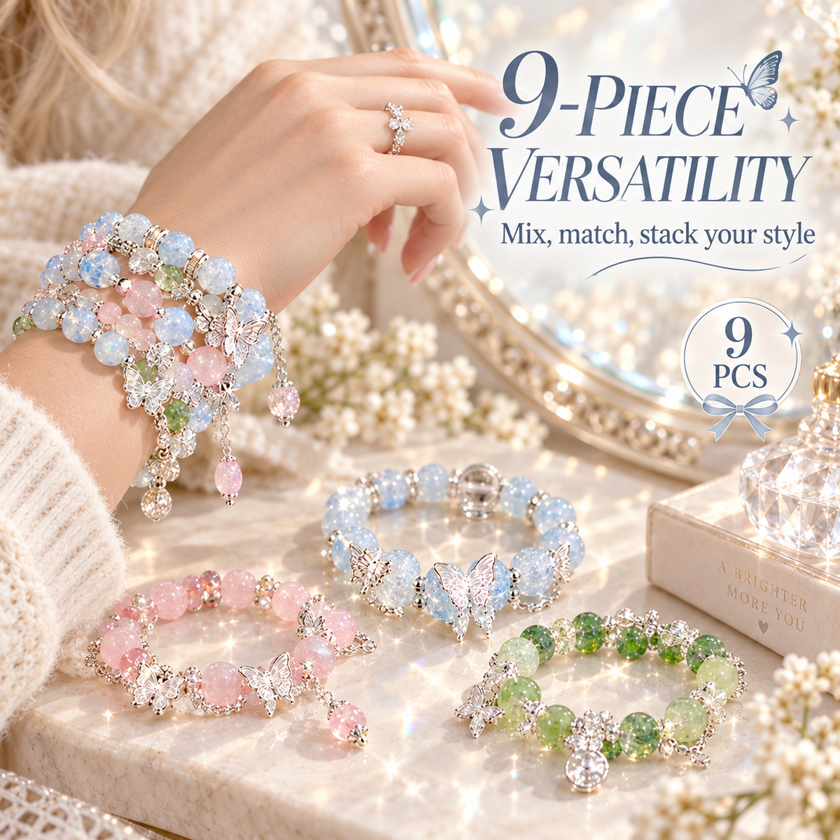 🦋 Sweet Forest Fairy Butterfly Stackable Bracelet Set (9 Pcs)