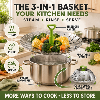 🥦 Multi-Functional Collapsible Veggie Steamer Basket, Strainer & Serving Bowl 🍲