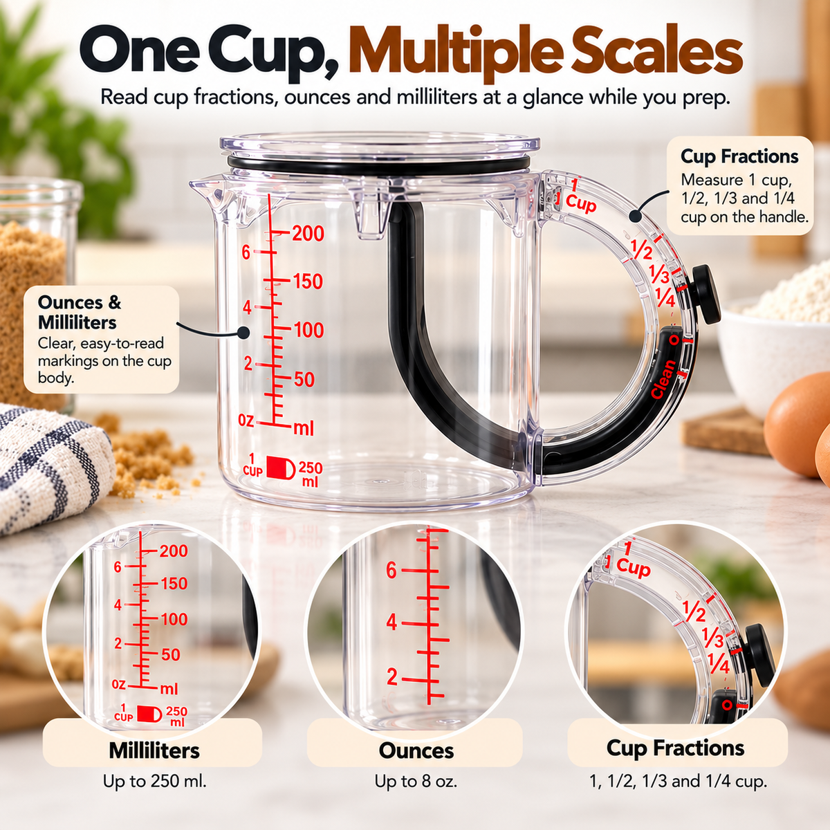 🥣 Adjustable Measuring Cup with Built-In Scraper – 1 Cup / 250 mL