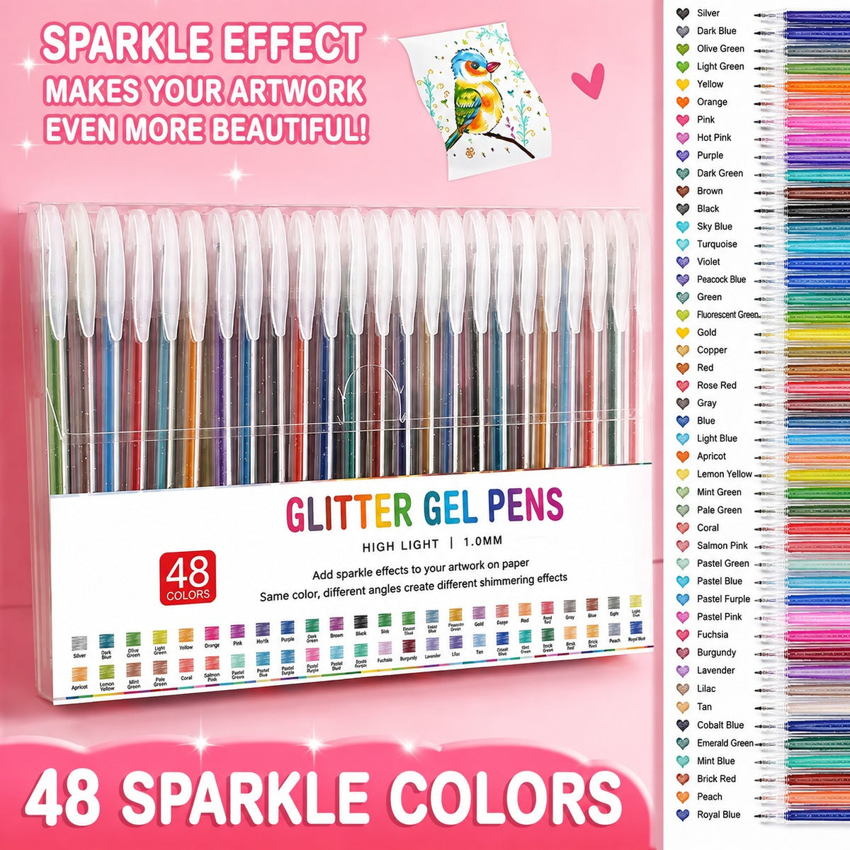 18 Colors Glitter Gel Pen Set with 5 Coloring Cards | Jumbo Ink