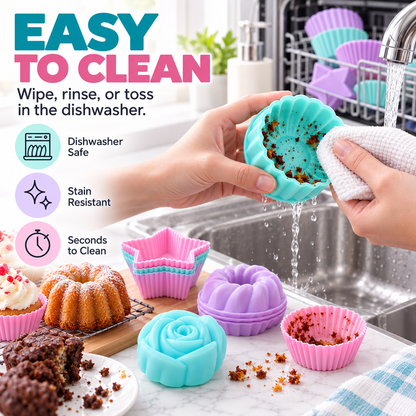 Multi-Shape Non-Stick Silicone Baking Cups & Muffin Molds Set (Reusables) 🧁