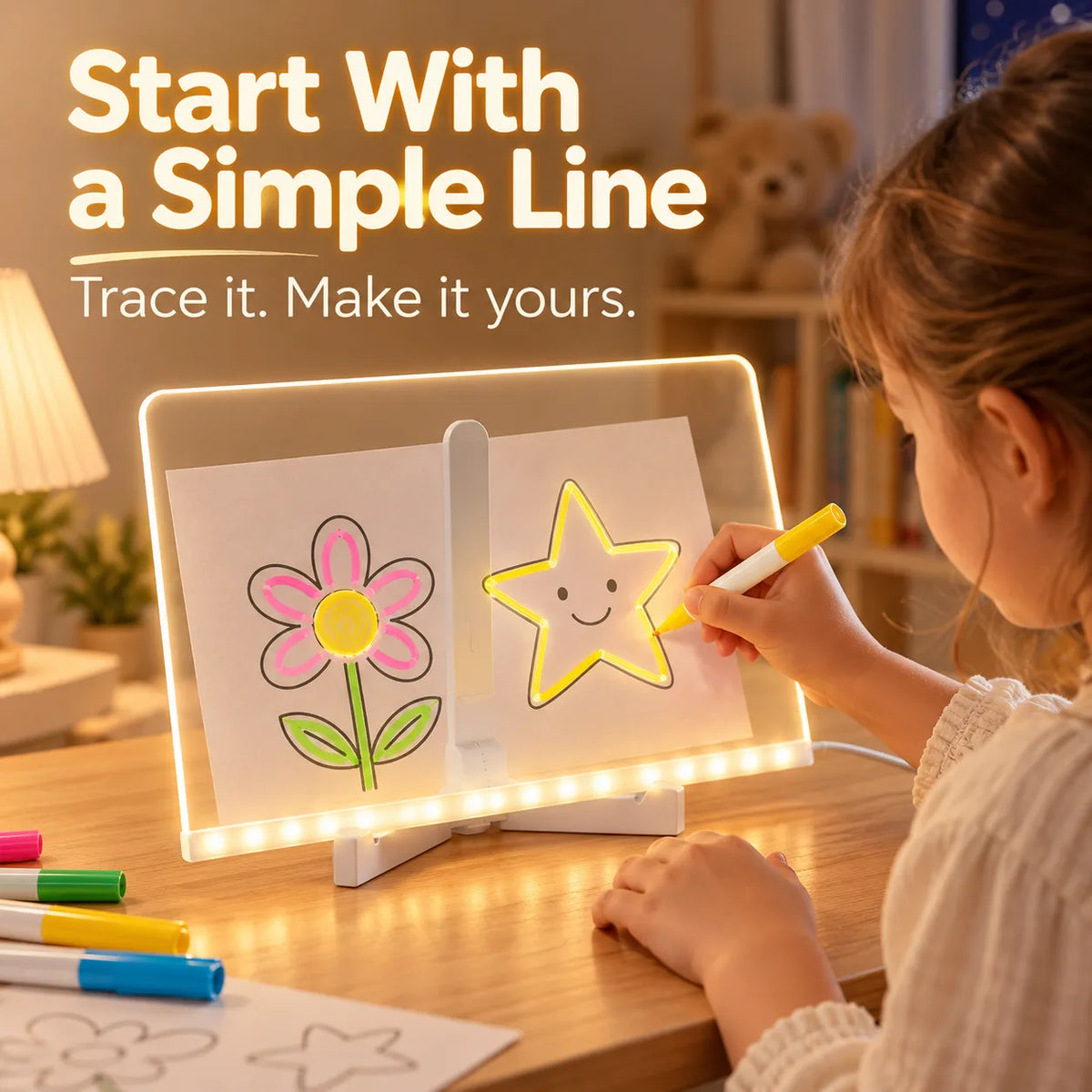 🎨 LED Light-Up Drawing Board for Kids – Reusable Clear Doodle Board with Colorful Markers & Adjustable Stand ✨