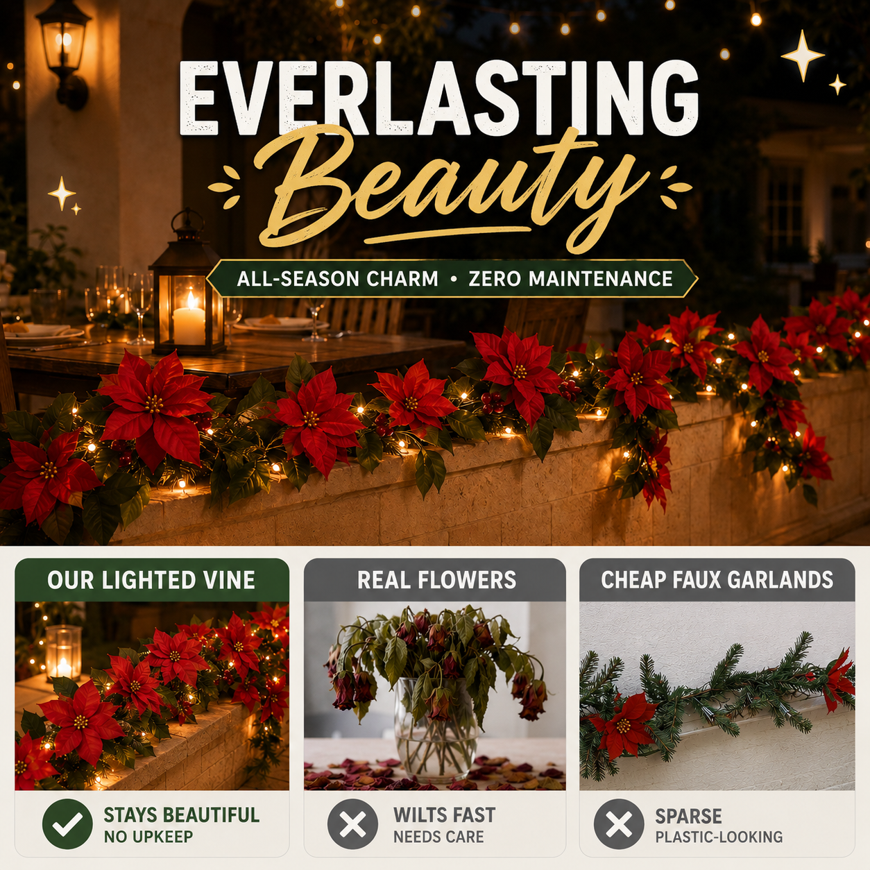 🌺 Everlasting Red Velvet Poinsettia Holiday Vine