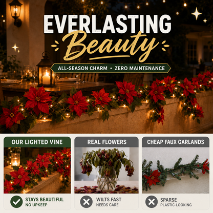 🌺 Everlasting Red Velvet Poinsettia Holiday Vine