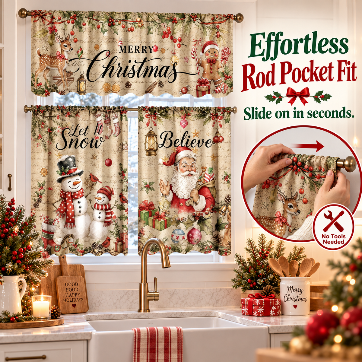 🎄 Christmas Buffalo Plaid Kitchen Curtain & Valance 3-Piece Set