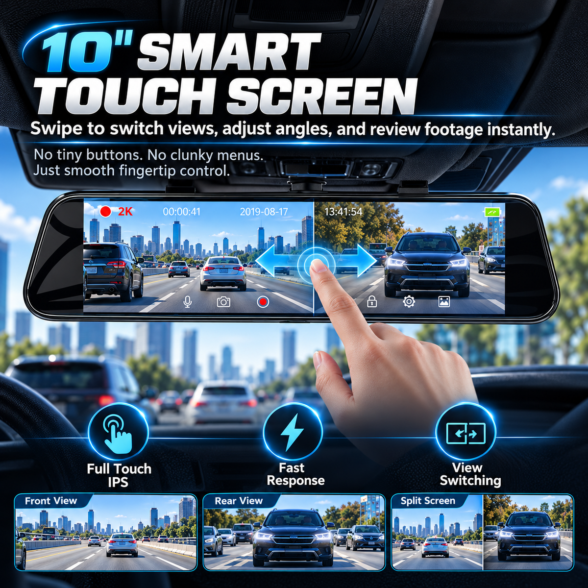 🚗  Full Touch Screen Smart Rearview Dashcam with WiFi & Night Vision