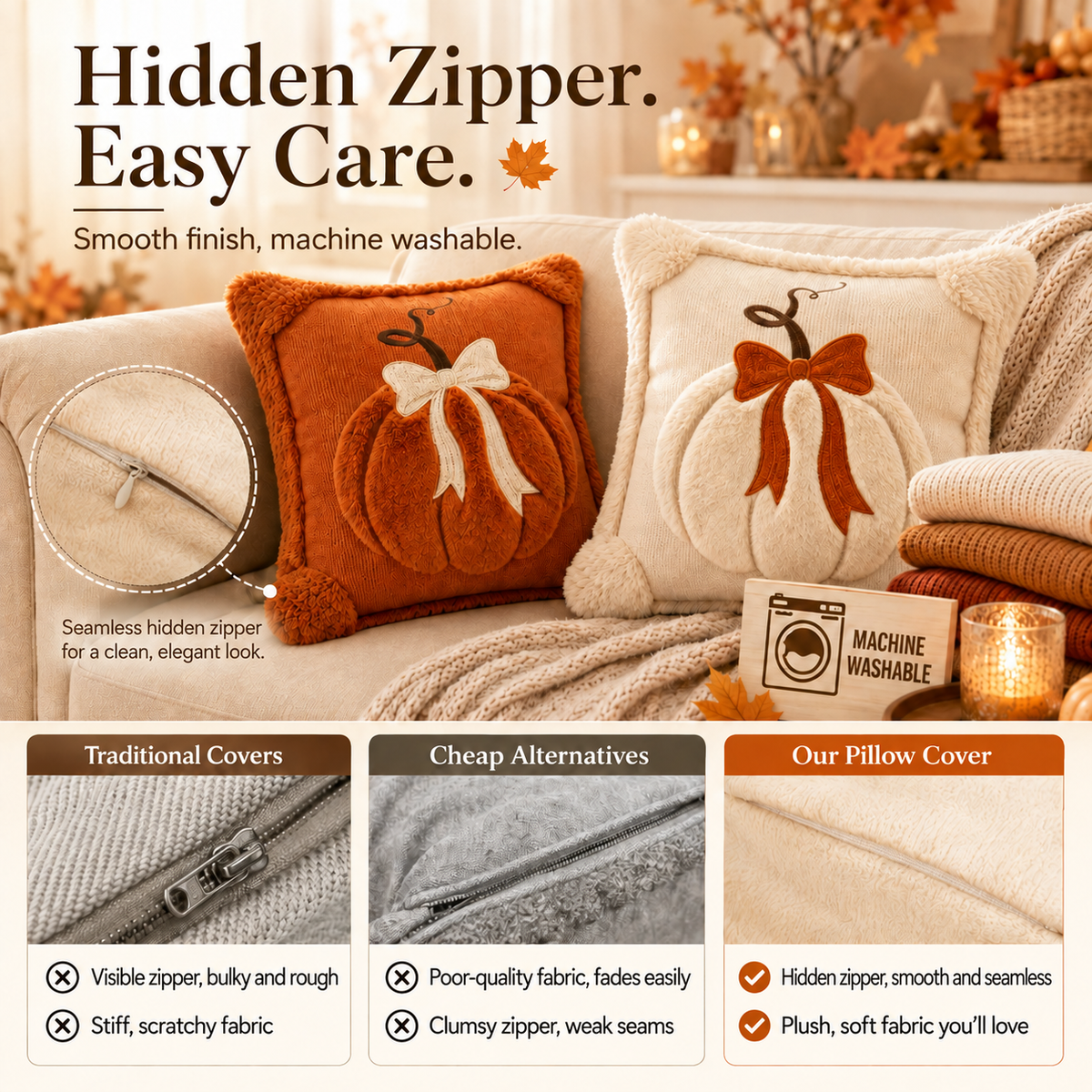 Cozy Pumpkin Bow Throw Pillow Cover 🎃 Perfect Autumn