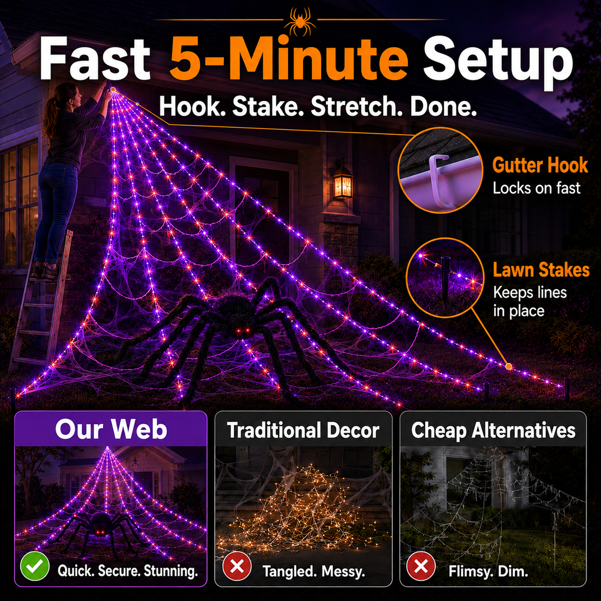 🕷️ Giant Light-Up Halloween Spider Web Set