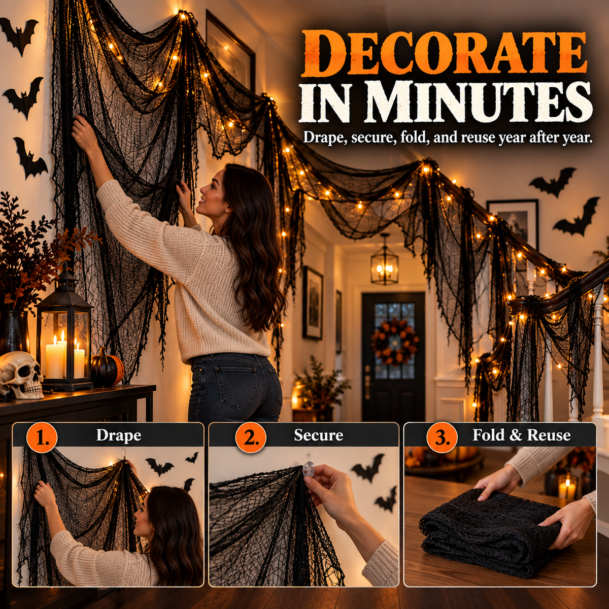 Halloween Spooky Creepy Cloth & Haunted House Spider Web Drape 🕷️👻