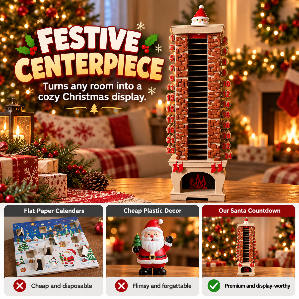 🎄 Wooden Santa Chimney Countdown Calendar & Gift