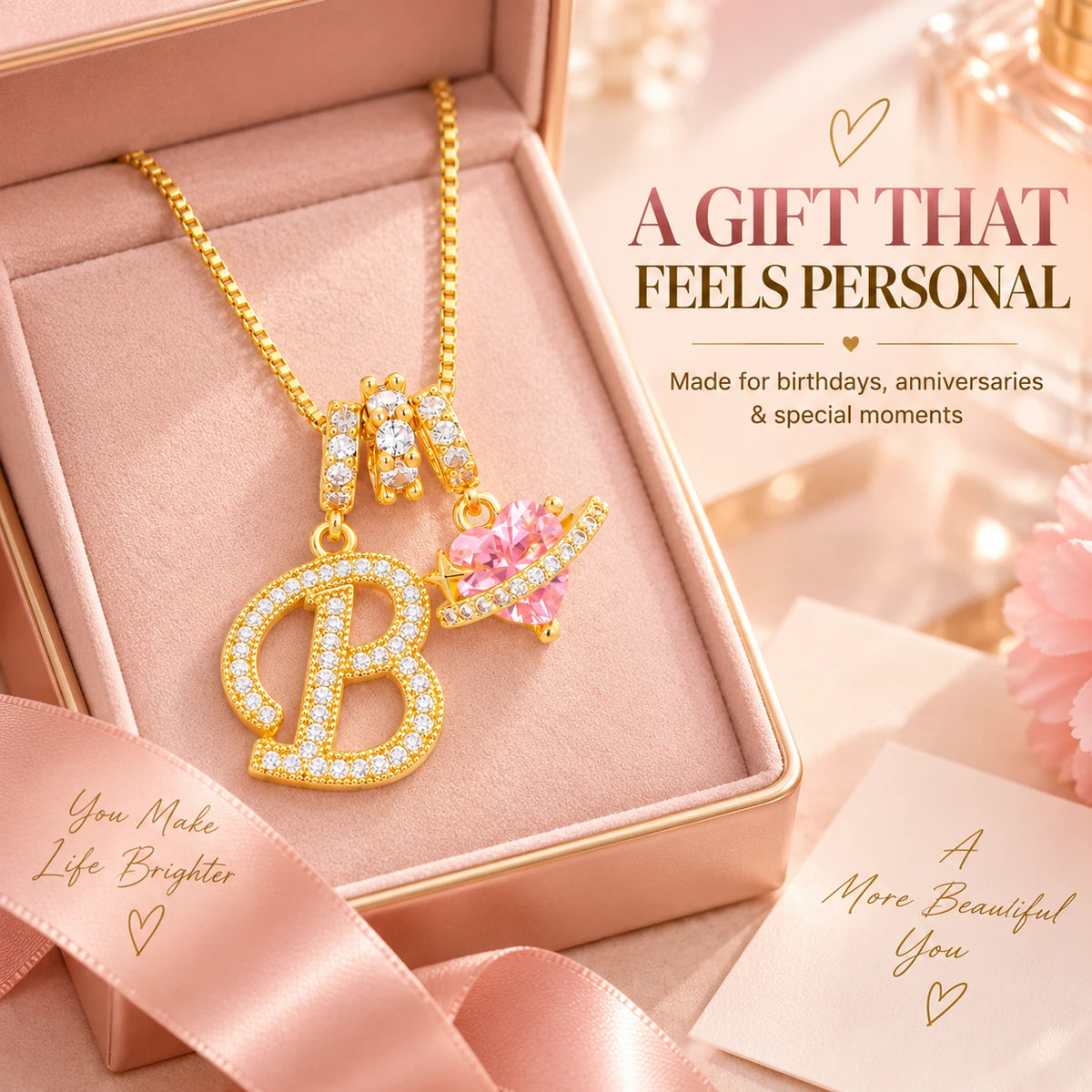 3-in-1 Custom Alphabet & Pink Zircon Pendant Necklace💫