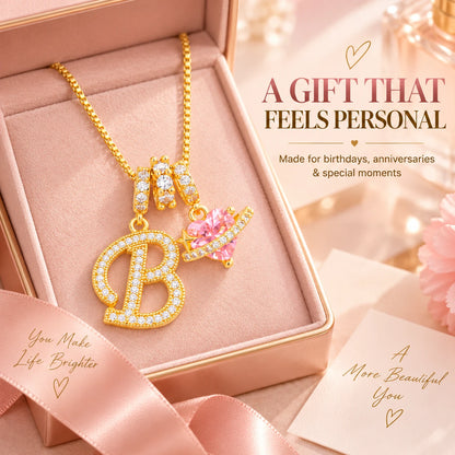3-in-1 Custom Alphabet & Pink Zircon Pendant Necklace💫