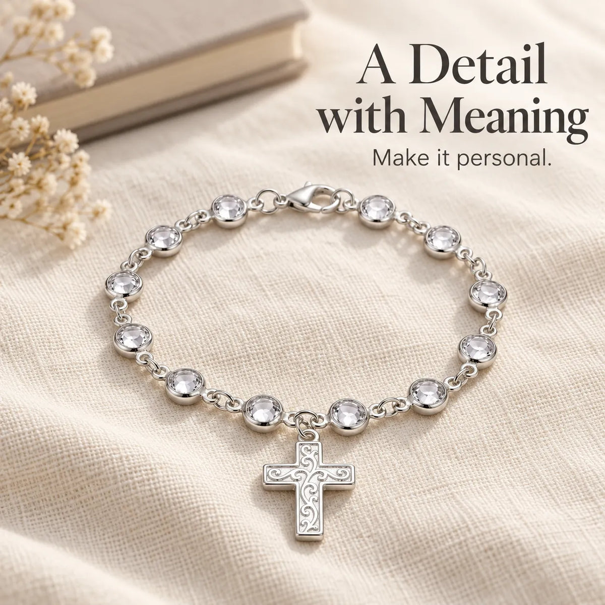 ✨ Sparkling Charm Chain with Faceted Stones – Silver-Tone Bow, Star & Cross Styles 🎁
