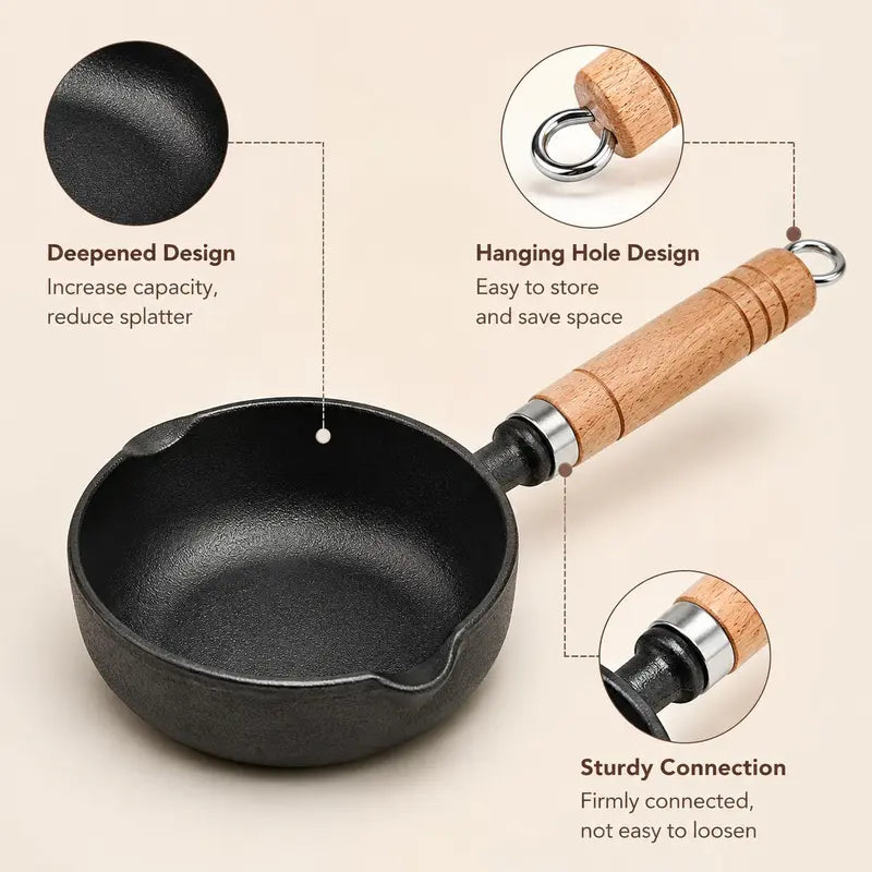🍳 4.3' Pre-Seasoned Cast Iron Mini Sauce Pan with Wooden Handle & Dual Pour Spouts