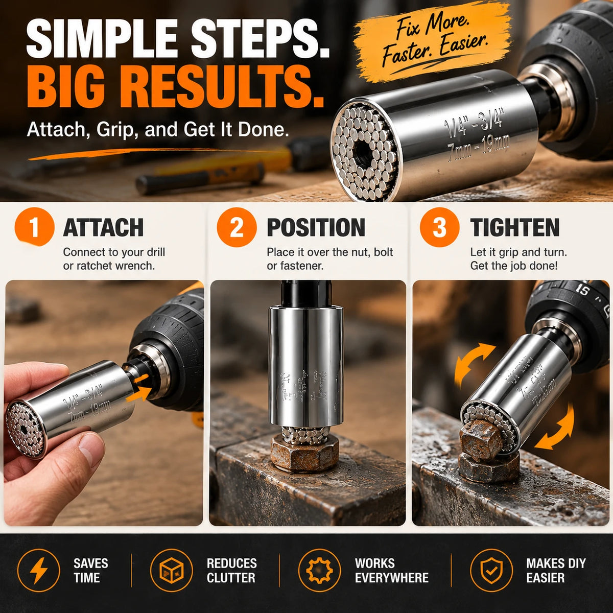 The Ultimate Universal Socket Tool – Instantly Grips Any Shape (7-19mm) with Power Drill Adapter