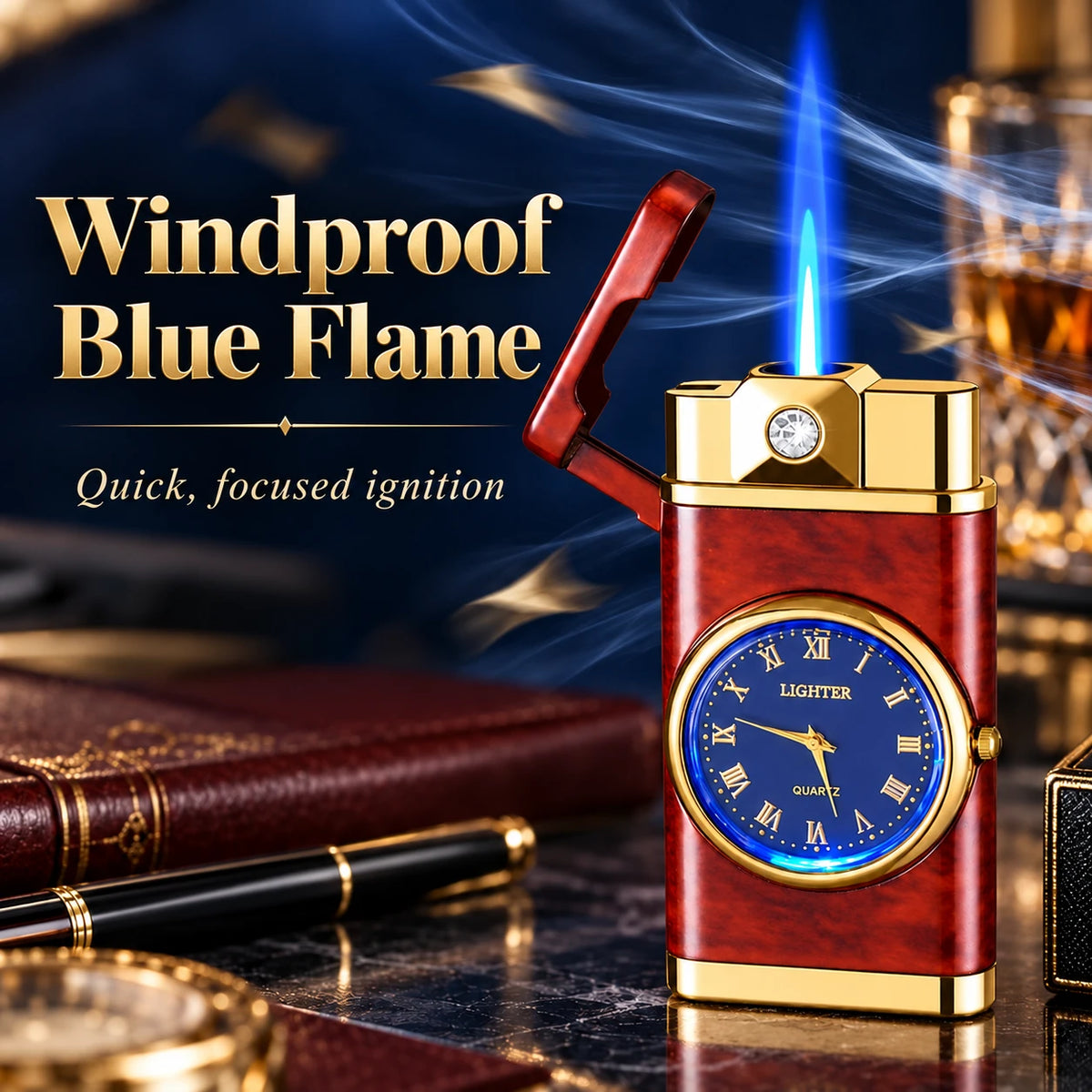 Adjustable, rechargeable, portable outdoor windproof blue flame lighter