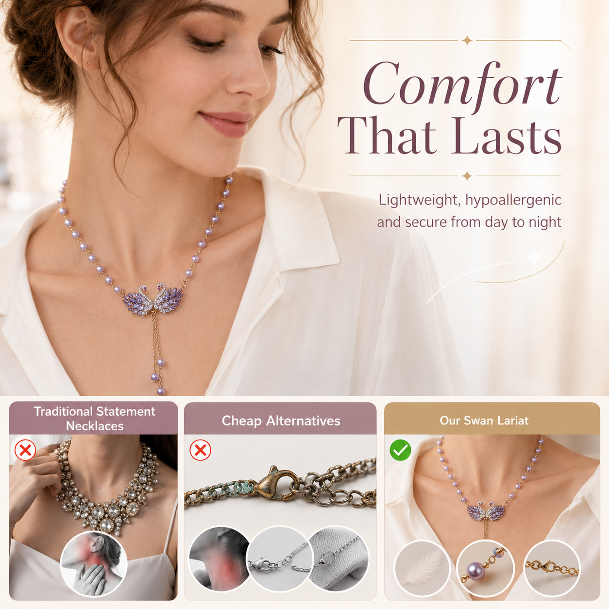 💜 Elegant Double Swan Crystal & Pearl Long Necklace 🦢
