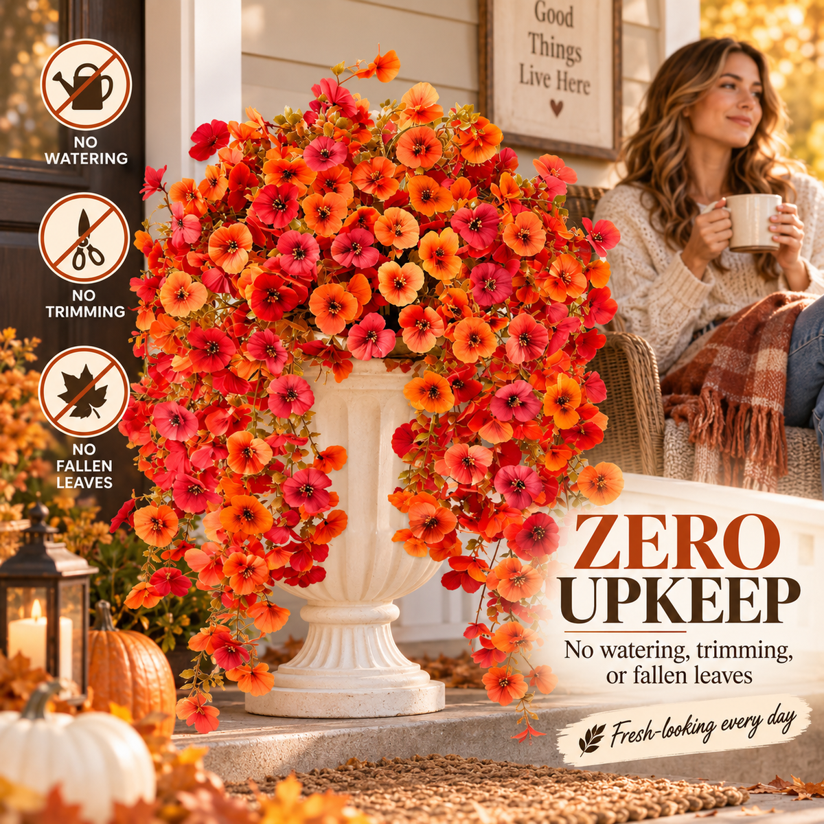 🍂 Fall Autumn Artificial Silk Pansy & Eucalyptus Hanging Bouquet-6 Packs