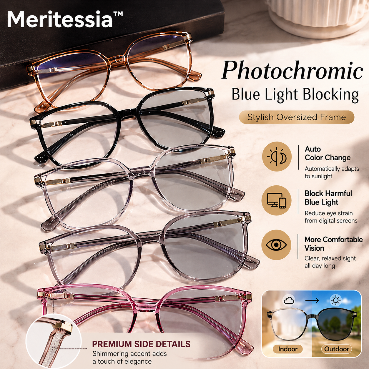 🕶️ Oversized Fashion Prescription Glasses – Trendy Photochromic Lenses with Blue Light Blocking ✨