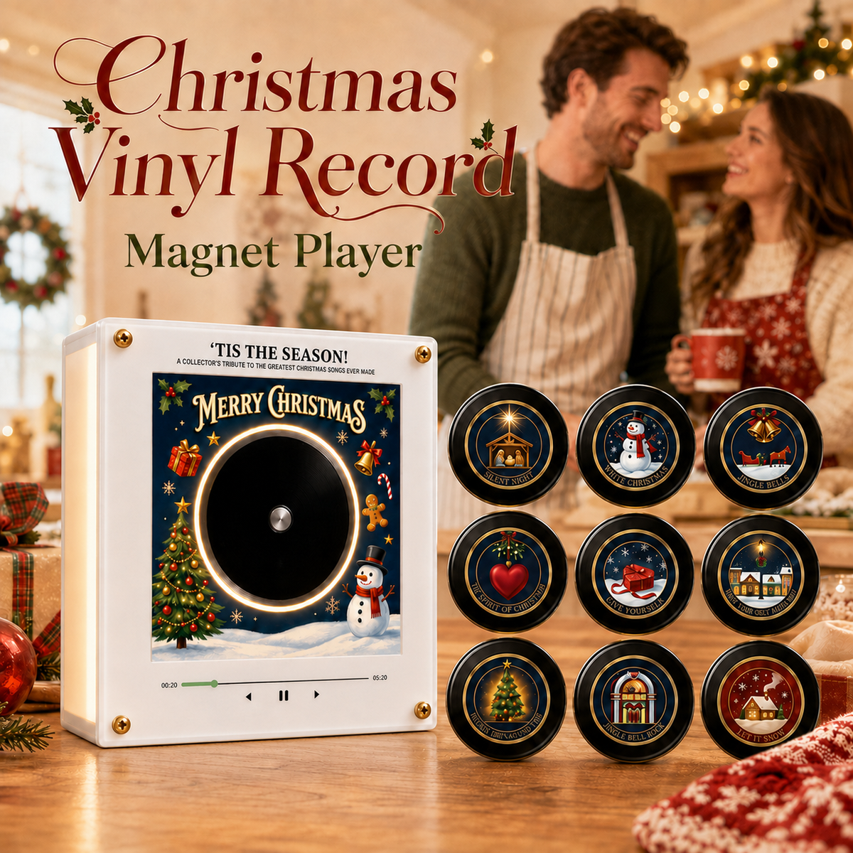 🎄 Retro Christmas Vinyl Fridge Music Magnet Player with 9 NFC Discs 🎶